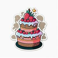 Cake with cream, cherry and strawberry top. Outline sticker photo