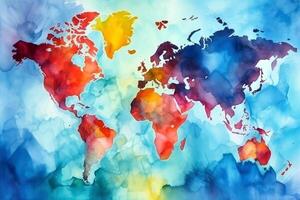 world map continents with bright watercolor . photo