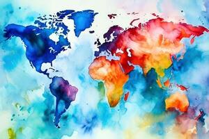 world map continents with bright watercolor . photo