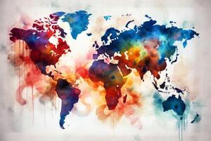 world map continents with bright watercolor . photo