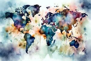 mundo mapa continentes con brillante acuarela . ai generado foto