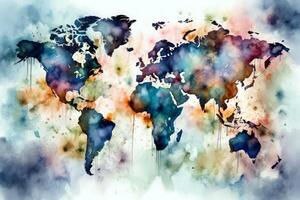 world map continents with bright watercolor . photo