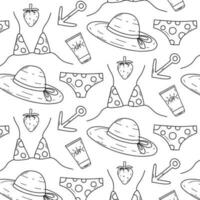 Seamless pattern with swimsuit, hat, cream. Summer pattern in doodle style. Linear summer print. Vector illustration.