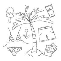 Set of summer elements in doodle style. Vector illustration. Linear collection with swimwear, swimming trunks, passport, cream, palm. Vacation items collection.