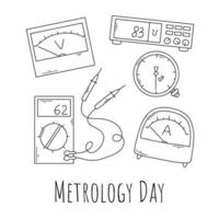 Metrology Day. Vector illustration. Measuring tools in doodle style. Metrological instruments in a linear style.