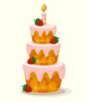 Birthday cake with candle and strawberries vector isolated illustration.