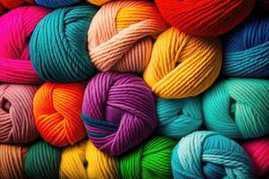 Many colorful Rainbow yarn for knitting. Twisted threads background. photo