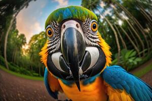 Macaw parrot highly defined macro photography selfie in jungle. photo