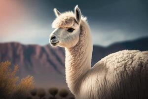 Alpaca has long neck nature background. photo