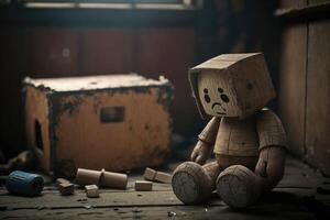 Old forgotten wooden toy in sad mood. photo