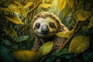 Highly defined sloth photography in tropical jungle. photo