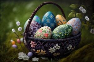 Colorful easter eggs in basket at nature background. Patterned on eggs. photo