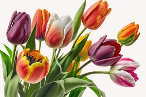 Colorful bouquet of tulips against white background. photo