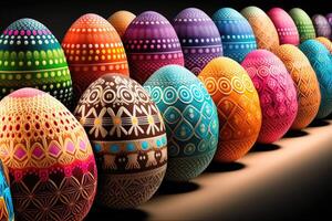 Colorful easter eggs one in a row. Patterned on eggs. photo
