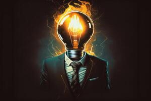 Lightbulb wears business suit. Aura lightbulb fire background. photo