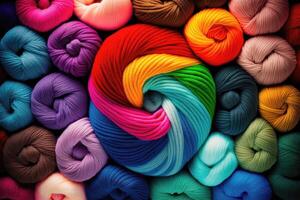 Many colorful Rainbow yarn for knitting. Twisted threads background. photo