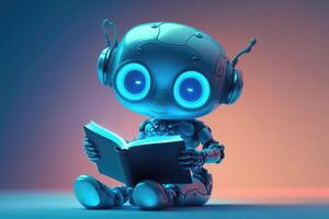 Cute surprised robot child after reading in a book on blue background. photo