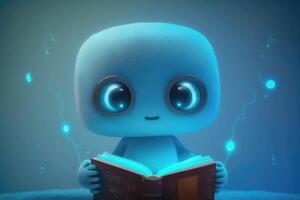 Cute surprised robot child after reading in a book on blue background. photo