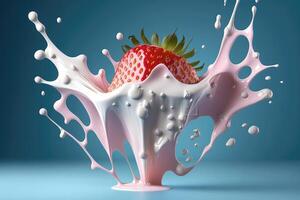 Strawberry falling into splashing milk or yogurt splash. photo