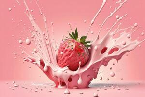 Strawberry falling into splashing milk or yogurt splash. photo