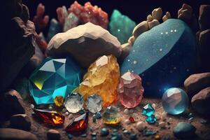 Various natural gems and crystals in gem cave. photo