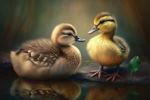 Two ducklings sit side by side in love. photo