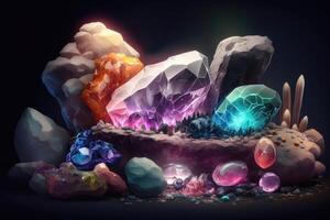 Various natural gems and crystals in gem cave. photo