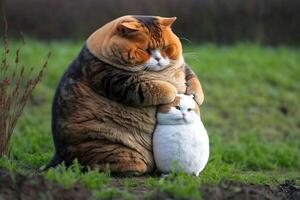 Cute fat cat hugs fat cat in nature background. photo