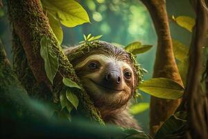 Highly defined sloth photography in tropical jungle. photo