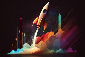 Launching space rocket graphs and data multicolor background. photo