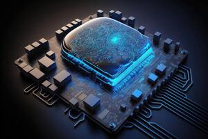 3D rendering of artificial intelligence hardware concept. Glowing blue brain circuit on microchip on computer motherboard. Big data processing, ai trading, machine learning. photo