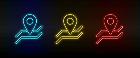 Neon icon set location, navigation. Set of red, blue, yellow neon vector icon on dark.