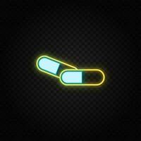 Medical pill. Blue and yellow neon vector icon.