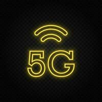 Yellow neon icon 5g, signal. Yellow neon vector icon on dark background