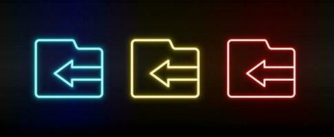 import, folder neon icon set. Set of red, blue, yellow neon vector icon on dark.