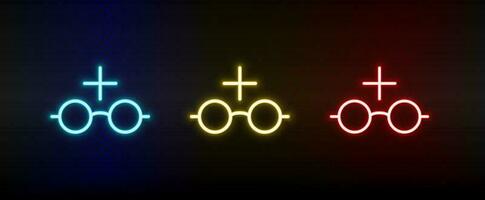 glasses, mark, read neon icon set. Set of red, blue, yellow neon vector icon on dark.