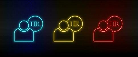 Neon icon set human resources, user. Set of red, blue, yellow neon vector icon on dark.