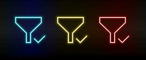 check, filter neon icon set. Set of red, blue, yellow neon vector icon on dark.