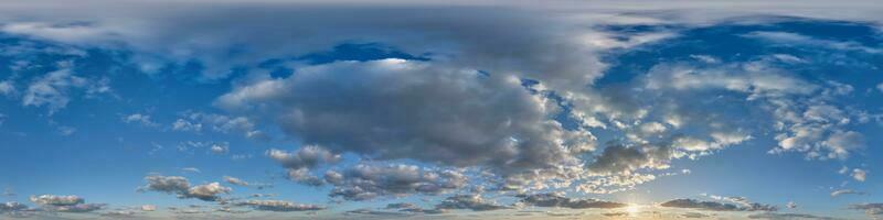 blue sunset sky with clouds as seamless hdri 360 panorama view with zenith in spherical equirectangular format for use in 3d graphics or game development as sky dome or edit drone shot photo