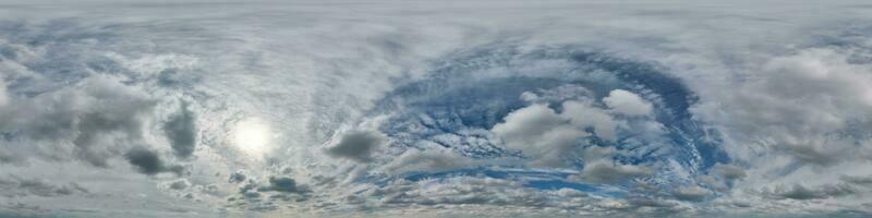 overcast blue sky with cumulus clouds as seamless hdri 360 panorama with zenith in spherical equirectangular projection may use for sky dome replacement in 3d graphics and edit drone shot photo