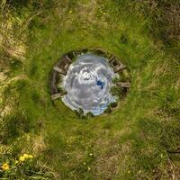 blue hole sphere little planet inside green grass round frame background. photo