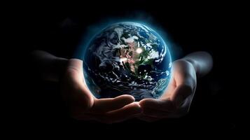 The Earth at night held in human hands. Earth Day. , photo