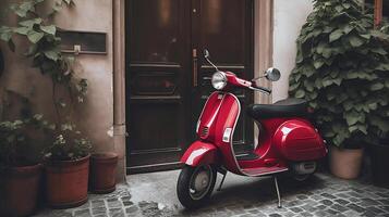 rojo vespa 50 especial estacionado en un callejón en frente de un período puerta y ollas con plantas. generativo ai, foto