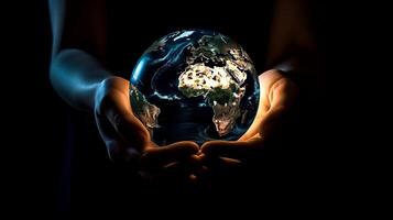The Earth at night held in human hands. Earth Day. , photo