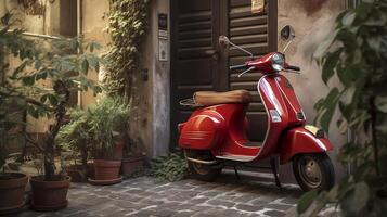 red vespa 50 special parked in an alley in front of a period door and pots with plants. , photo