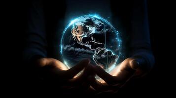 The Earth at night held in human hands. Earth Day. , photo