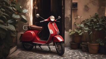 rojo vespa 50 especial estacionado en un callejón en frente de un período puerta y ollas con plantas. generativo ai, foto