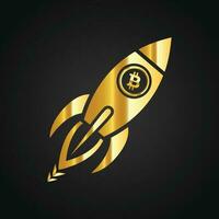 Golden Bitcoin To The Moon, BTC To the Moon concept, Bitcoin Logo o the rocket  with black background. vector