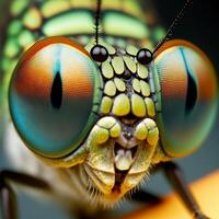 de cerca macro fotografía de continuar mosca casa mosca moscas insectos ai generativo foto