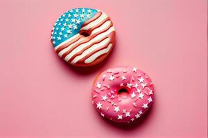 Little american flag stuck in donuts on pink background. 4th of july, usa independence day. Celebration memorial day in America ai generative photo